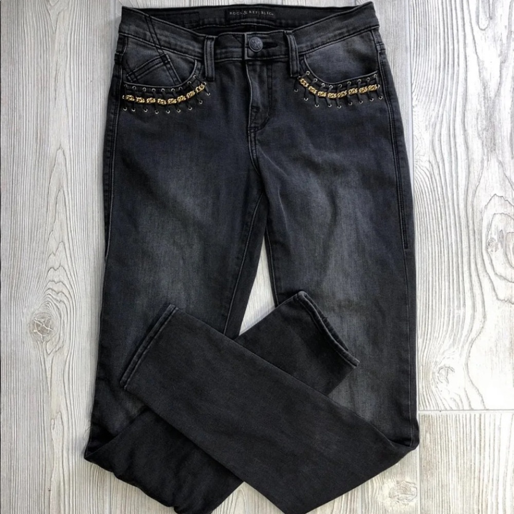 Rock & Republic Sz 4 Blk Jeans Gold Trim